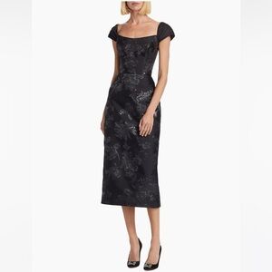 Amsale Black and Silver Floral Midi Dress